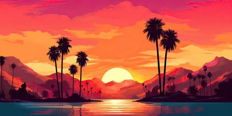 Muurstickers AI Generated. AI Generative. Vintage retro background landscape with palm trees mountain and lake sea ocean. Adventure vacation paradise chilling vibe © Graphic Warrior