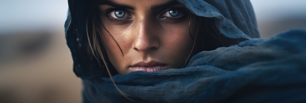 Close-up portrait of a beautiful young blue eyes woman in blue litham in the desert