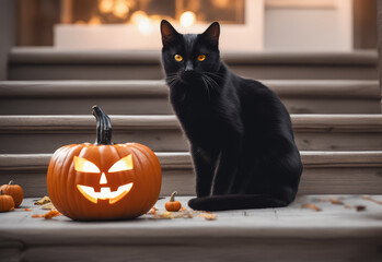 Black cat sit next to a jack o lantern during halloween eve - obrazy, fototapety, plakaty