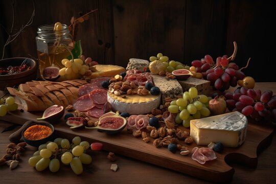 Charcuterie board of cold meats and cheeses with fruit and baked goods. Composition in dark photography style. Advertising banner with free copy space. Generative AI.