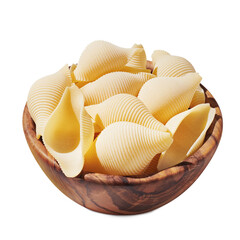 Pasta conchigliei noodle in wooden bowl isolated on white, close up