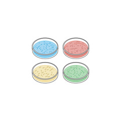 Set of 4 petri dish colorful icons with bacteria growth, simple vector illustration design. Medical carttoon symbol to use in websites, lectures, presentations, etc