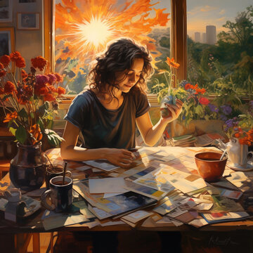 A meticulous artist in a sunlit studio, intently painting on a large canvas, surrounded by a palette of vibrant colors, inspiration sketches, and a cup of herbal tea, amidst a creative and organized c