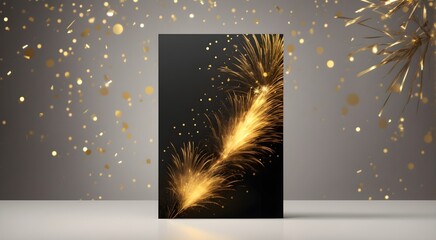 Festive golden black card design, banner with copy space text, artistic fireworks background 