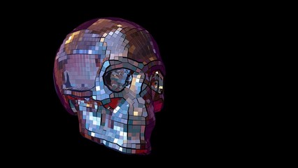 Bright colorful skull in the style of a disco ball on a black background for Halloween or Day of the Dead, 3D Render, Rendering