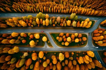 Aerial view of forest road in beautiful autumn at sunset.