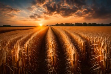Beautiful sky with clear sky, clouds and corn field on a sunset evening