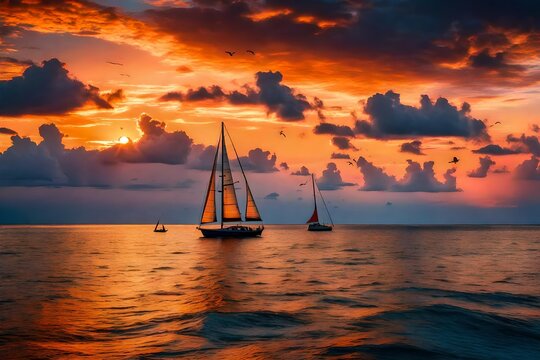 An Ocean Sunset With a Vivid Colorful Sky and A Sailboat Sailing as Birds are Flying in the Distance
