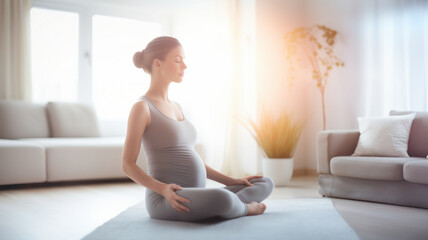 pregnant woman doing mindfulness at home to reduce anxiety and stress and improve sleep quality during pregnancy.breathwork concept. - obrazy, fototapety, plakaty