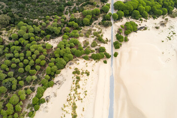 Drone view of Duna de Valdevaqueros ( The Valdevaqueros Dune ) white sand dunes in Tarifa, Spain.