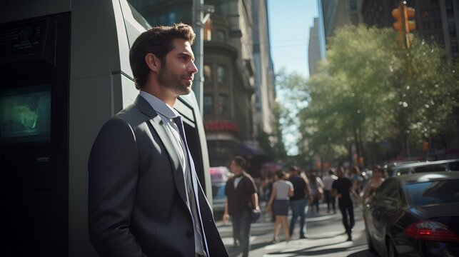 an entrepreneur using a bank's ATM in a vibrant urban setting. concept of life in a complex and busy metropolis. generative AI