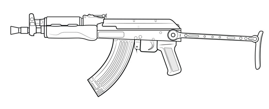 Vector illustration of AK47 soviet assault rifle with short barrel an extended stock. Left side.