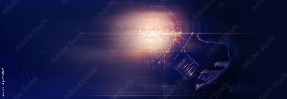Poster innovation, new idea, creative and inspiration concept. hands holding light bulb and ai with data ne