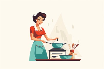 Cartoon illustration of a woman cooking food in the kitchen
