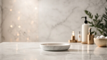 Empty marble bath table for montage of your products opposite white tile wall in elegant bathroom interior with accessories. Concept scene stage for montage product and promotional  - obrazy, fototapety, plakaty