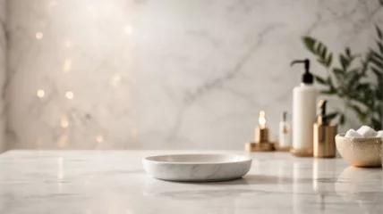 Fotobehang Empty marble bath table for montage of your products opposite white tile wall in elegant bathroom interior with accessories. Concept scene stage for montage product and promotional  © anandart