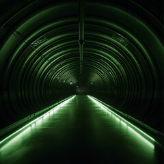 an american football turf field tunnel interface with green hues of lights illuminating