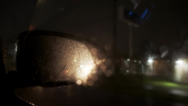 Side View from inside car of Lightning Strike Outside Car Window in night time. 