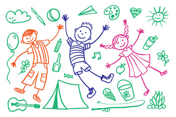 Сhildren with symbols of summer holydays. Summer kids camp activities. Card template design with kids on holidays for banners, posters, invitations.