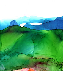 Abstract landscape. Blue, green fluid art background. Abstract liquid painting background alcohol ink technique. Illustration for interior poster, flyer, invitation design.