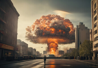 A nuclear explosion in the city center, a beautiful atomic mushroom. - obrazy, fototapety, plakaty