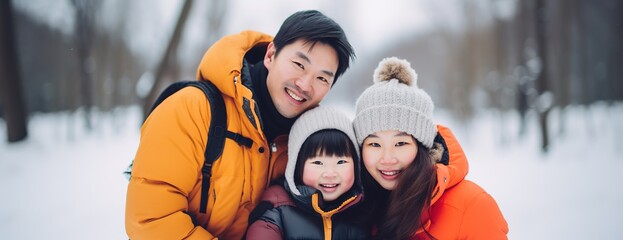 Chinese family of young parents and baby girl spending time together during winter holidays in the snow - obrazy, fototapety, plakaty