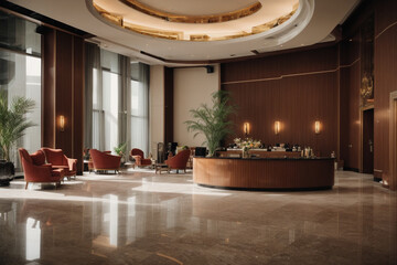 Step into a world of luxury and sophistication with this lavish lobby, adorned with plush velvet furnishings, intricate gold detailing