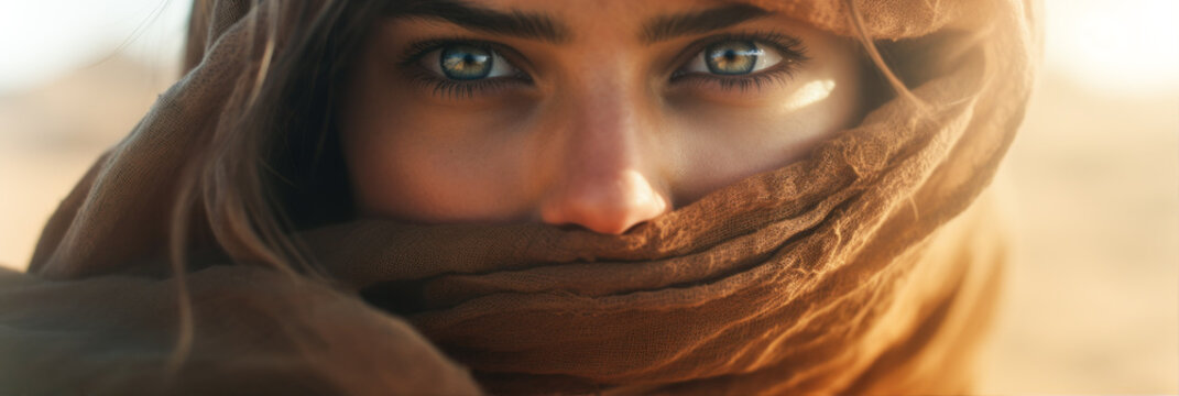 Portrait of a young woman with litham on her head in the desert
