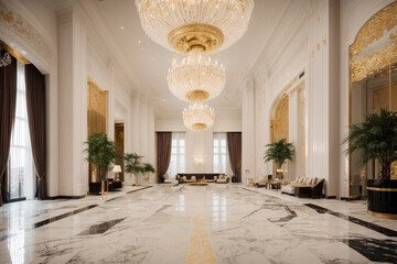 Obraz na płótnie Canvas Step into a world of luxury and sophistication with this lavish lobby, adorned with plush velvet furnishings, intricate gold detailing