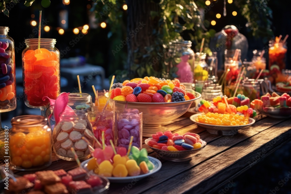 Poster a variety of different types of candies displayed on a wooden table. perfect for sweet tooth craving