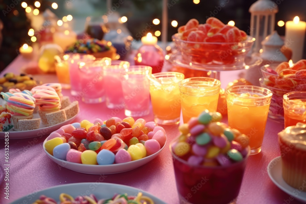 Poster A collection of various types of candies displayed on a table. Perfect for candy lovers or confectionery-themed projects.