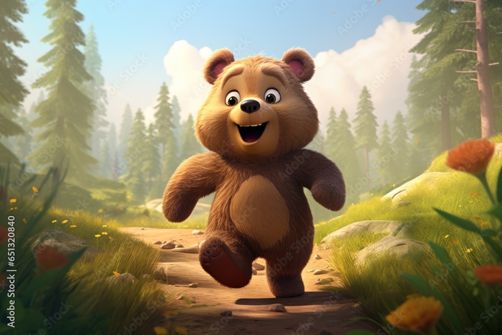 Poster a cartoon bear is depicted running down a dirt road. this image can be used to portray concepts such