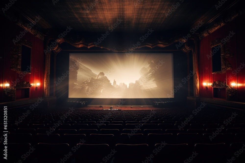 Poster a picture of a spacious theater with a large screen and vibrant red walls. perfect for showcasing fi