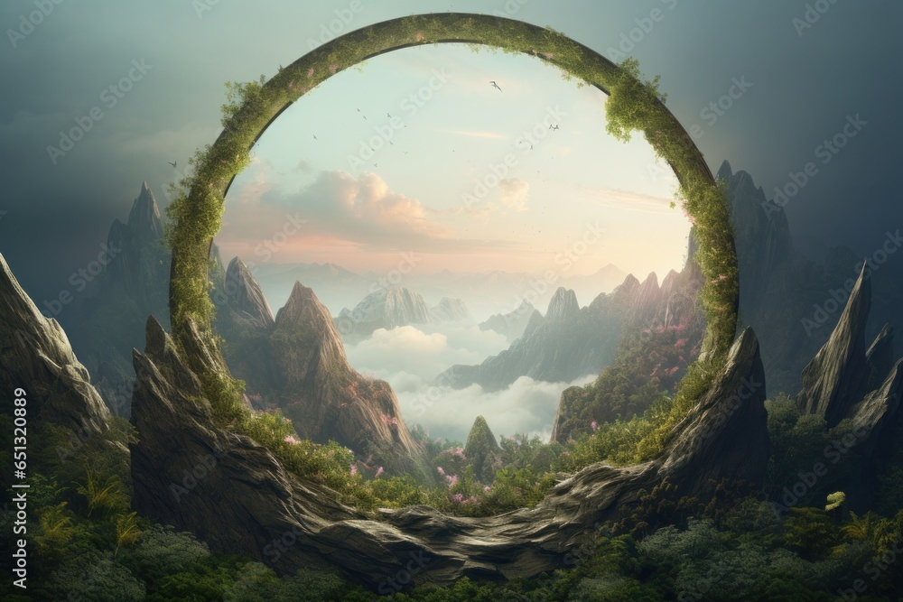 Poster a stunning mountain landscape with a unique circular opening in the center. this image can be used t