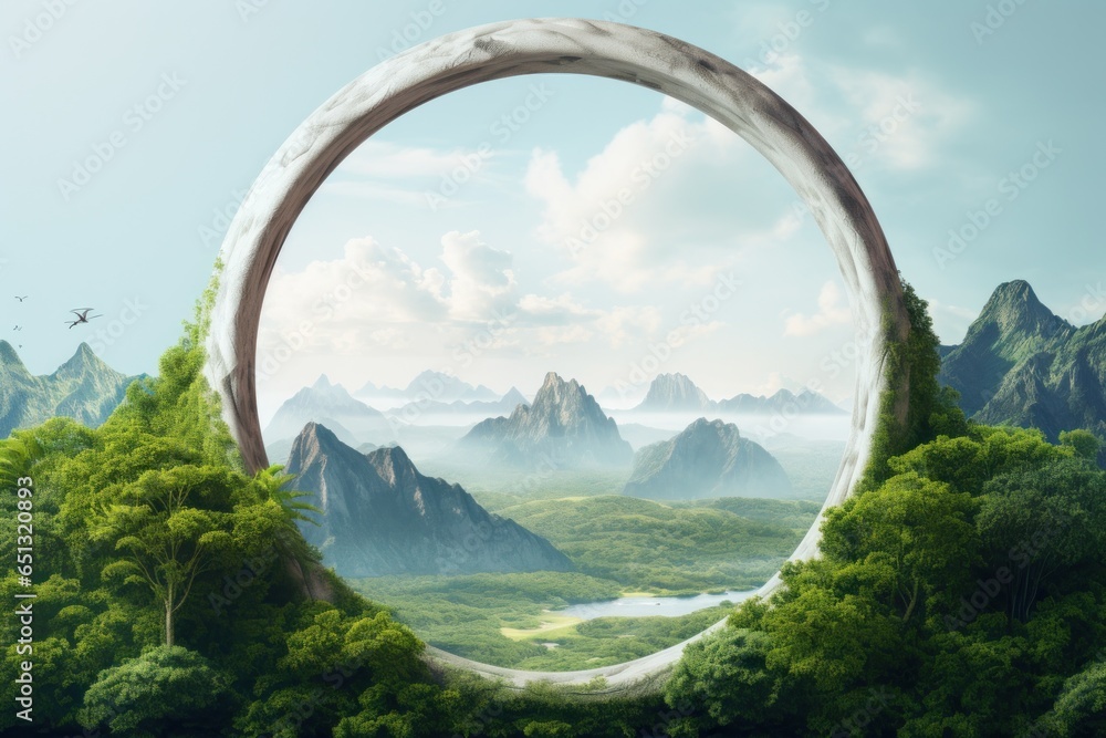 Poster A round hole in the middle of a forest with mountains in the background. This image can be used to depict a mysterious or hidden location.