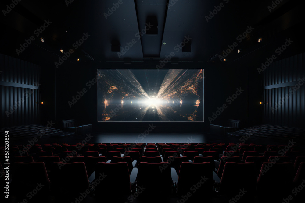 Poster An empty theater with red seats and a projector screen. This image can be used to represent the concept of entertainment venues, movie screenings, or the anticipation before a show.