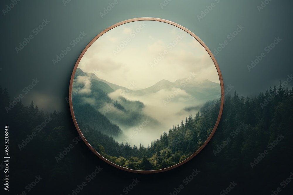 Aufkleber A round mirror with a breathtaking mountain view. Perfect for adding a touch of nature to any space.