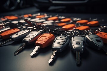 A bunch of keys sitting on top of a table. Can be used to represent security, home, access, or ownership. - Powered by Adobe