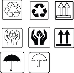 Fragile package icons, handle with care logistics and delivery shipping labels. Fragile box, cargo warning vector signs