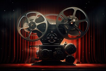 A movie projector sitting on top of a wooden table. This image can be used to depict the concept of film projection, vintage technology, or a home theater setup.