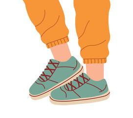 Legs of guy or girl in sports shoes. Feet in sneakers. Green unisex sneakers. Modern and fashionable sneakers. Lace-up shoes. Fashion concept. Flat isolated vector illustration on white background.