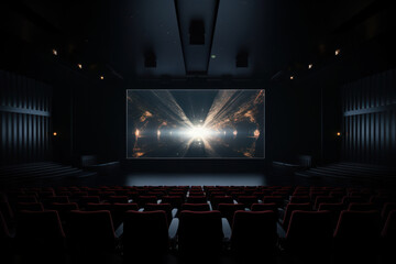 An empty theater with red seats and a projector screen. This image can be used to represent the concept of entertainment venues, movie screenings, or the anticipation before a show.