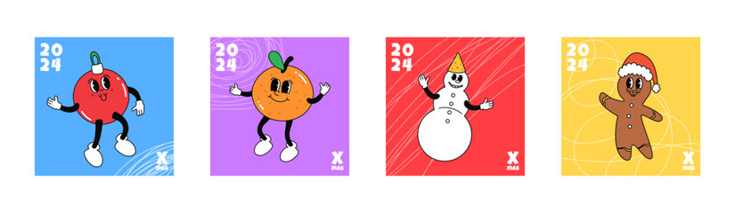 Merry Christmas and Happy new year groovy character. Hippie groovy poster with orange, snowman and Christmas toy. On trendy style with a 70's vibes. Vector illustration