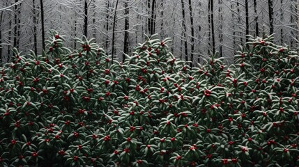  a painting of a snowy forest with evergreens and berries.  generative ai