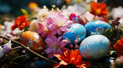 Fototapeta na wymiar Fresh spring flowers and colorful Easter eggs. Creative decoration for Easter holidays ​