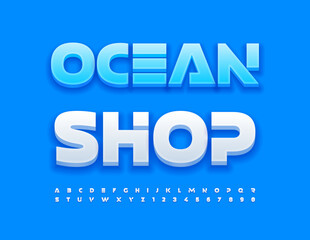Vector advertising banner Ocean Store. Trendy Blue 3D Font. Creative Alphabet Letters and Numbers
