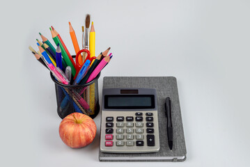Accessories for schoolchildren and students. Back to the concept of school.stationery school items on a white background with space for text