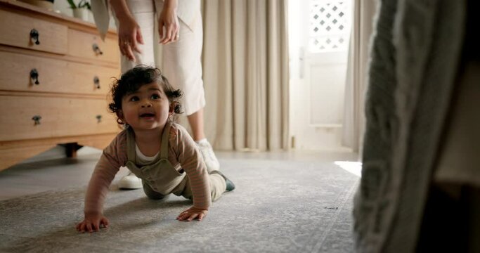 Baby, crawling and support from mother in bedroom of family home for development, growth and balance. Steps, woman and kid on floor with positive parenting for learning, trust and progress in house
