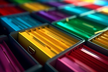Organized legal files. Closeup view of colored document folders sorted for catalog. Selective focus. 3D render. Generative AI