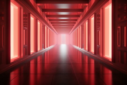 Futuristic corridor with an exit ahead, representing a cyber escape. 3D illustration. Generative AI
